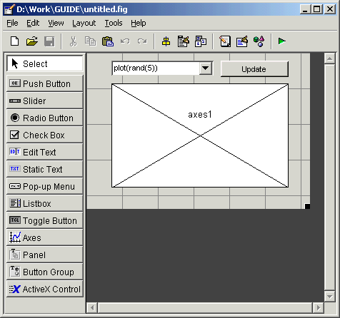 Template for GUI with Axes and Menu opened in the layout editor
