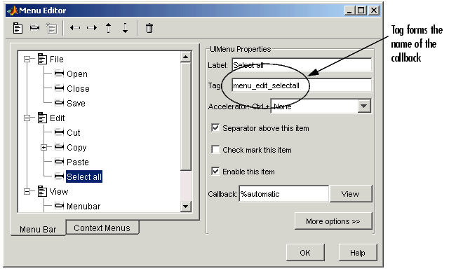 menu editor with select all item shown