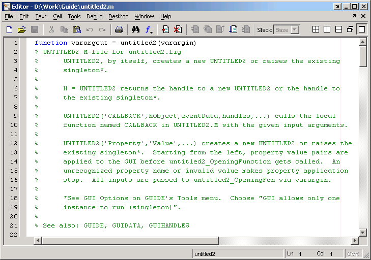 figure showing the M-file for the GUI with Axes and Menu template