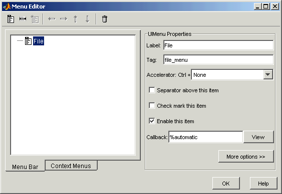 menu editor showing file properties