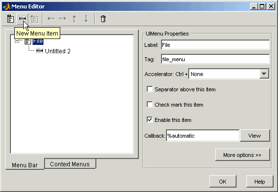 menu editor with cursor pointing to new menu item