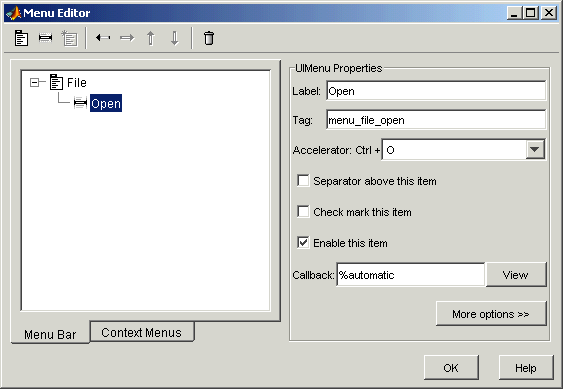 menu editor with entries in the label and tag fields