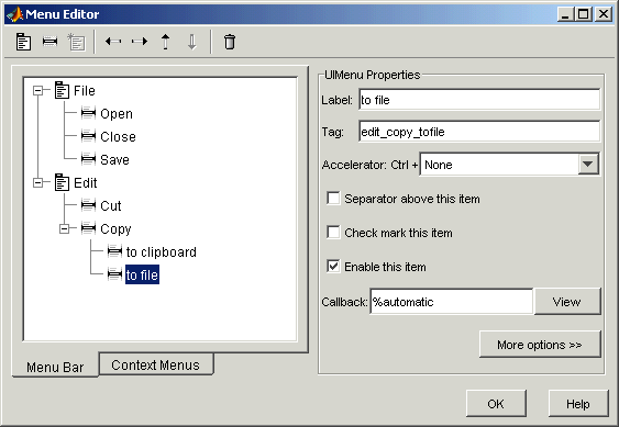 menu editor used to create a cascading menu