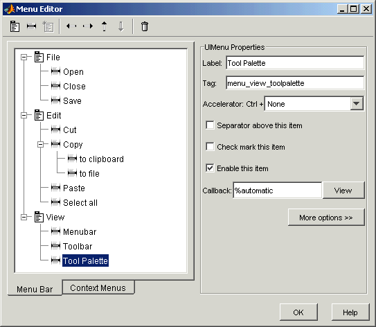 menu editor showing three menu types