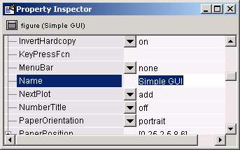 Property inspector displaying list of properties for GUI figure