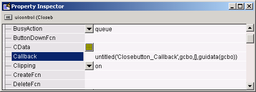 property inspector GUI with call back propety highlighted