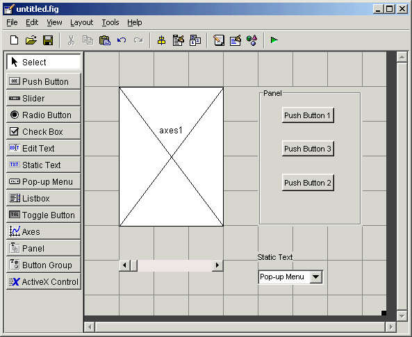 GUI containing an axes, a slider, a panel, a static text, and a pop-up menu