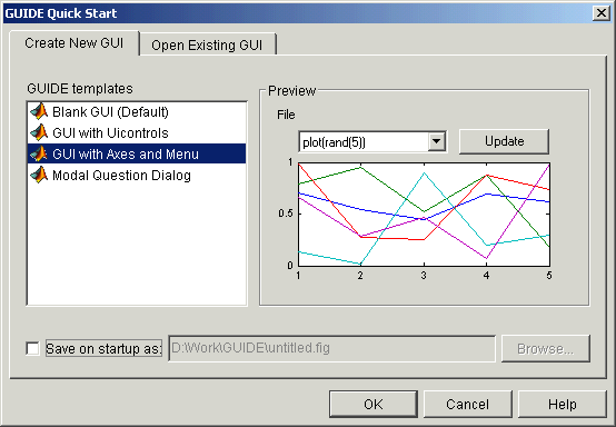Figure showing quick start for GUI with axes and menu