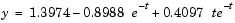 y = 1.3974 minus 0.8988 times e to the minus t power + 0.4097 times t times e to the minus t power