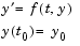 Equation 1: y prime = f(t,y).Equation 2: y(t sub 0) = y sub 0.