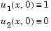 Equation 1: u sub 1 (x, 0) = 1.Equation 2: u sub 2 (x,0) = 0.