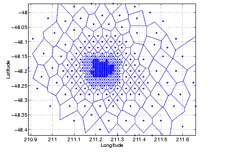 Voronoi diagram for the longitudinal (x) and latitudinal (y) dimensions