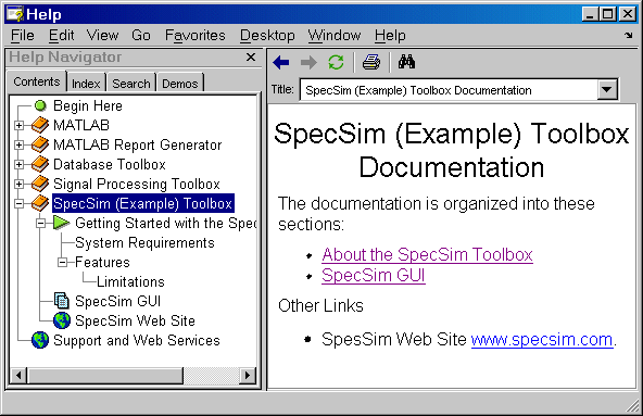 Image of Help browser showing the SpecSim (Example) Toolbox selected in the Contents pane and displaying an HTML page of the SpecSim documentation in the display pane.