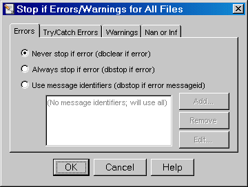 Image of Error/Warning Breakpoint dialog box.