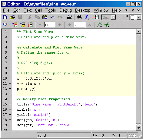 Image of modified sine_wave.m file.