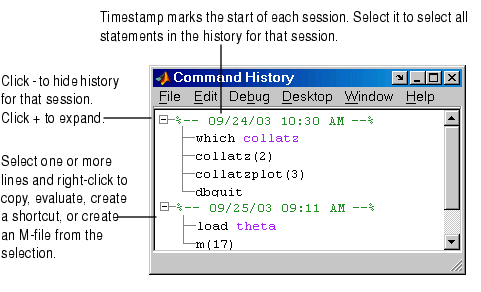 Image of Command History window, showing some of its key features: the timestamp (marks the start of each session); the +/- for each session, (to show or hide its entries); and the context menu (to perform actions on selected entries).