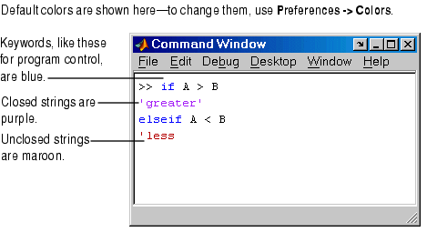 Image of Command Window showing example of syntax highlighting with the default colors.