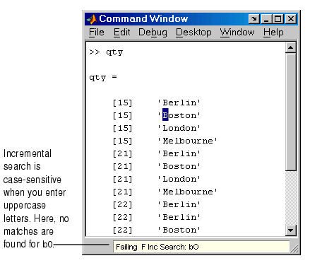 Image of Command Window and incremental search field. The field shows Failing F Inc Search: followed by a lowercase b and an uppercase O. There is no text in the Command Window that contains a b followed by an uppercase O.