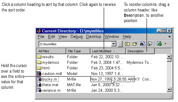 Image of Current Directory browser showing key actions to perform for sizing and sorting columns.