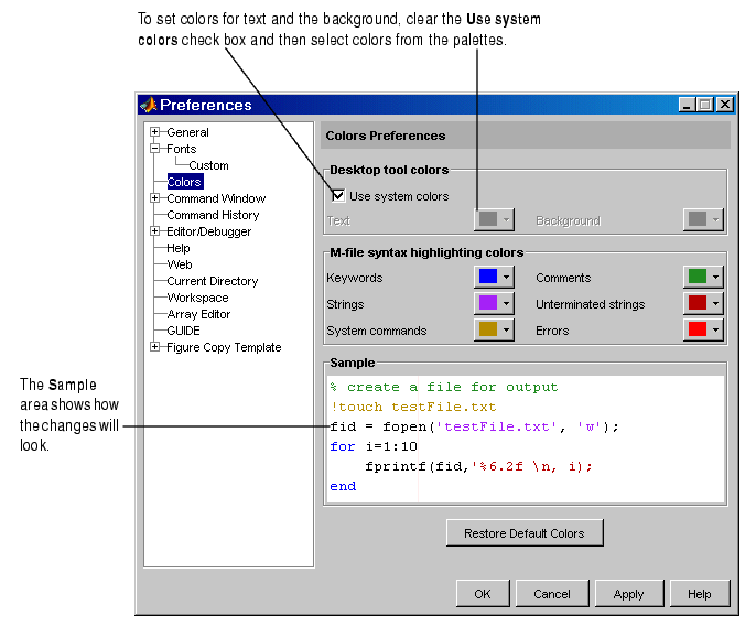 Image of Colors panel in Preferences dialog box.