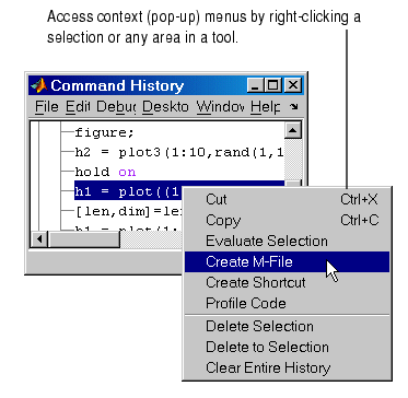 Image of a line selected in the Command History and the resulting context menu (pop-up) menu, accessed via a right-click.