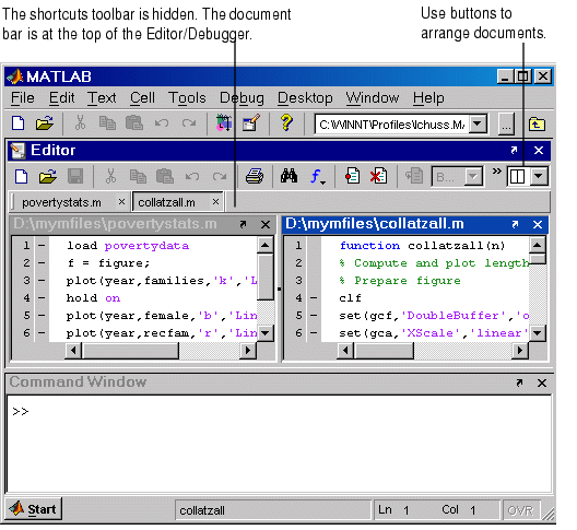 Image of MATLAB desktop showing Editor in the top portion, and the Command Window below it. The Editor has two M-file open, arranged side-by-side.