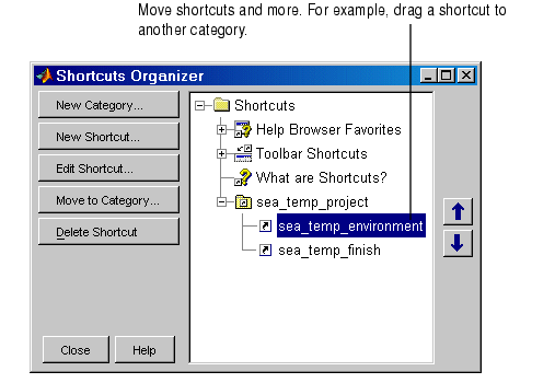 Image of Shortcuts Organizer dialog box, showing two shortcuts in a user-created category.