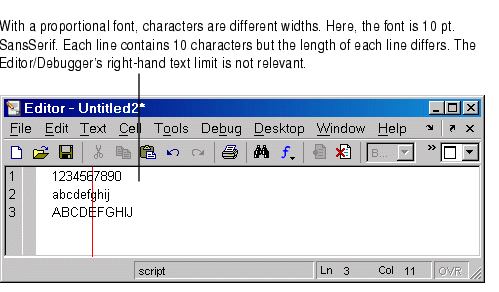 Image of Editor with three lines of text in 10 point Sans Serif, a proportional font.