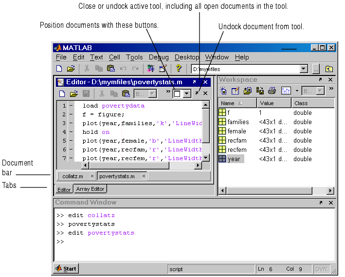 Image of MATLAB desktop showing Array Editor and Editor tabbed together. Editor shows two open documents.
