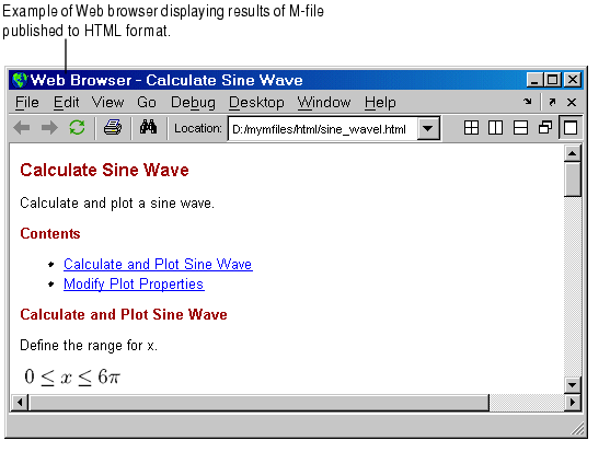 Image of MATLAB Web browser containing an M-file published to HTML.