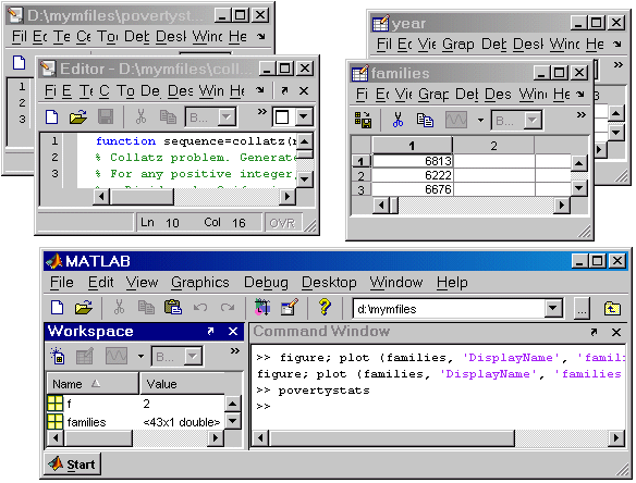Image of MATLAB desktop and two Editor documents and two Array Editor arrays open outside of the desktop. The two Editor documents are separate from each other, as are the Array Editor arrays.