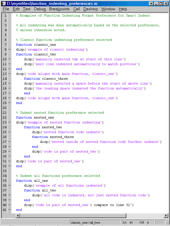 Image of M-file showing examples of different options for function indenting format preference.