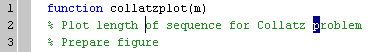 Image of first three lines in a file in the Editor showing results of incremental search. Line 2 is %Plot length of sequence for Collatz problem. The cursor is positioned before the word 