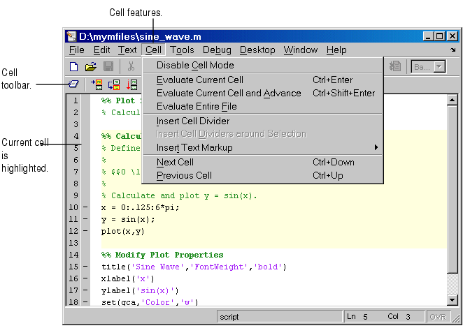 Image of Editor showing Cell menu and cell toolbar. The current cell is highlighted (in yellow).