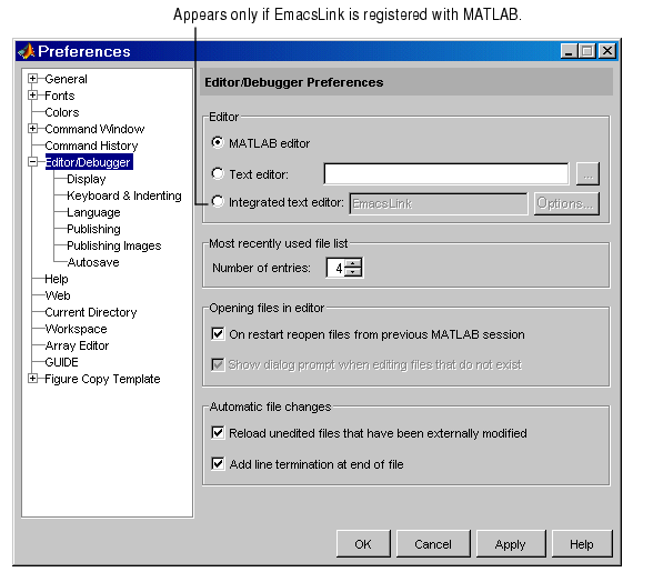 Image of Editor/Debugger preferences dialog box. The Integrated text editor option appears only if EmacsLink is registered with MATLAB.