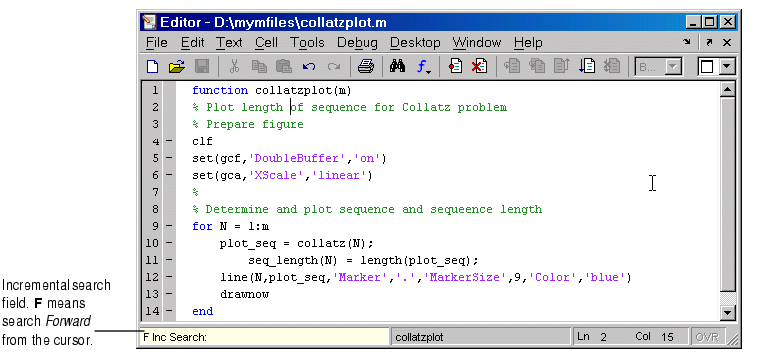 Image of Editor with file in it, showing the incremental search field in the lower left corner. The F Inc Search means the increment search will search forward from the cursor.