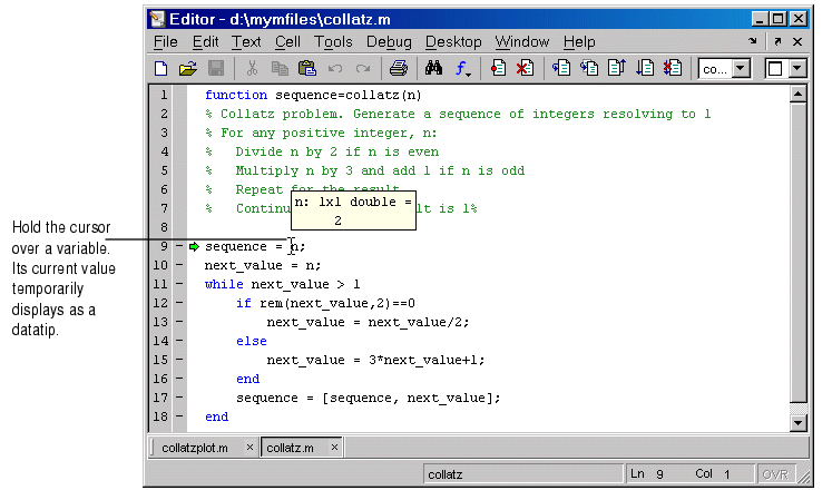 Image of collatz.m file in the Editor/Debugger, showing datatip. The cursor is positioned at line 9, sequence = n, at the n. A datatip shows the value of n, n: 1 x 1 double = 2.