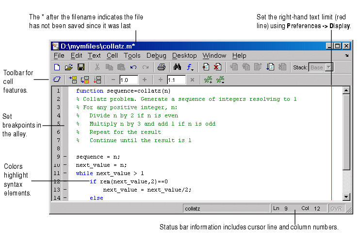 Image of Editor/Debugger. The status bar along the lower edge of the window shows the cursor line and column numbers. Display the cell toolbar to quickly access cell features.