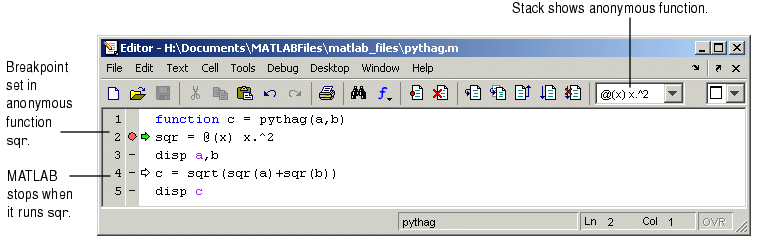 Image of Editor/Debugger showing debugging for anonymous functions in a file.