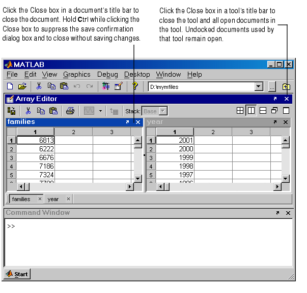 Image of document in tool, highlighting the close box for the tool (in the tool\xd5 s title bar), and the close box for the document (in the document\xd5 s title bar).