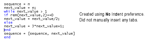 Image of sample code showing the results of selecting the no indent preference and no manually inserted tabs. All lines are left aligned at column 0.