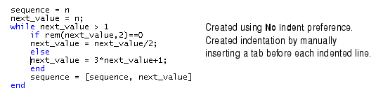 Image of sample code showing the results of selecting the no indent preference with manually inserted tabs.