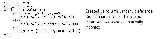 Image of sample code showing the result when the smart indent preference is selected.