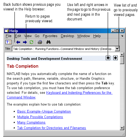 Image of display pane. The back and forward buttons (on the toolbar) display pages you previously viewed. At the top right and the bottom of most pages displayed in the Help browser are icons to view previous and next pages in that document.