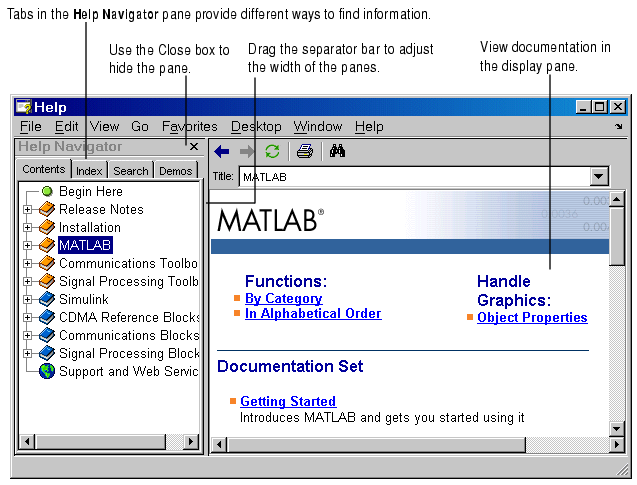 Image of Help browser showing its key features. Tabs provide different ways to find information. Hide the Navigator (left pane) using its close box. Adjust the pane widths using the separator bar. View documentation in the display (right) pane.