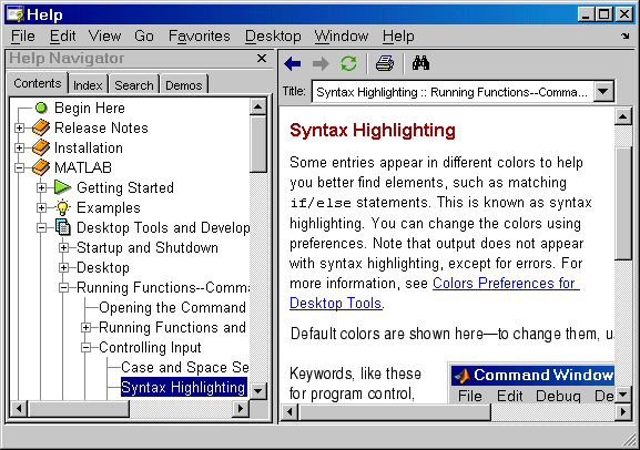 Image of Help browser showing Contents panel with the MATLAB entry and some subentries expanded. The selected entry is Syntax Highlighting, and a page with that title appears in the display (right) pane.