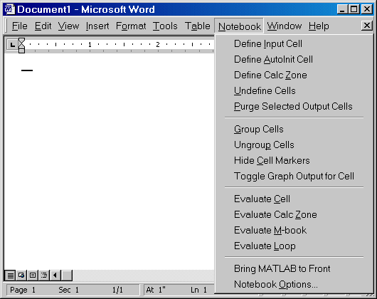 Image of an empty document in Microsoft Word, with the Notebook menu displayed.