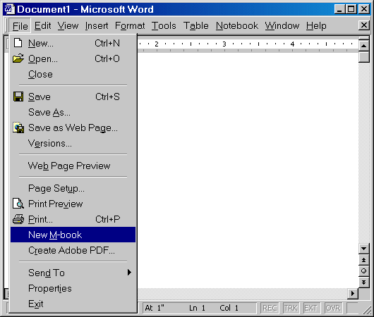 Image of empty document in Microsoft Word with File menu and ithe item New M-book selected.
