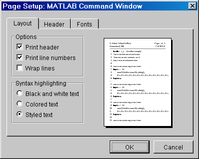 Image of Page Setup dialog box for MATLAB Command Window.