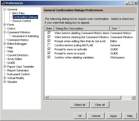 Image of Confirmation Dialogs Preferences panel.